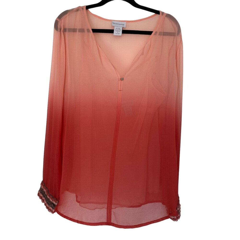 SOFT SURROUNDINGS Coral Pink Ombre V-Neck Long Sleeve Embellished Cuff X-Large
